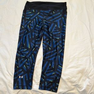 Under Armor Capri Blue, Black & Lime Green Geometric Yoga Pants